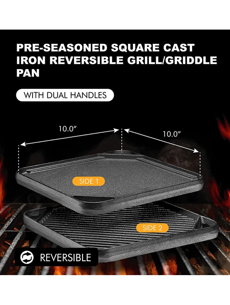 Bruntmor Gas Stovetop Pre-Seasoned Square Cast Iron Reversible Grill Griddle Pan 10 x 10 Skillet with Dual Handles Durable Frying Pan Camping Skillet Oven and Grill safe w Grill & Smooth Side. - BTJXNAGU3