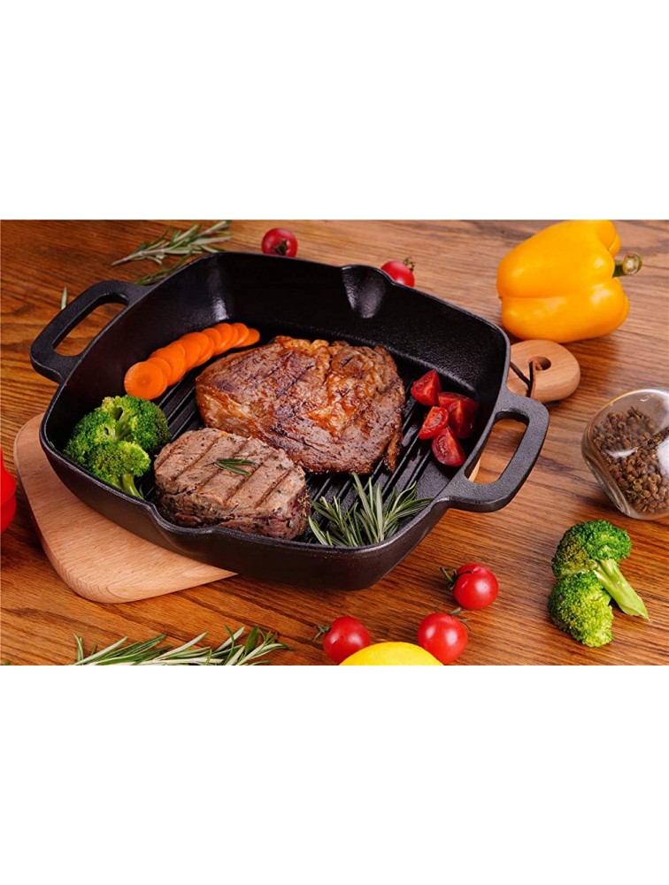 Cast Iron Grill Pan Skillet Square for Stove Top and Oven with Two Silicone Handles - BNIIWQ2E6
