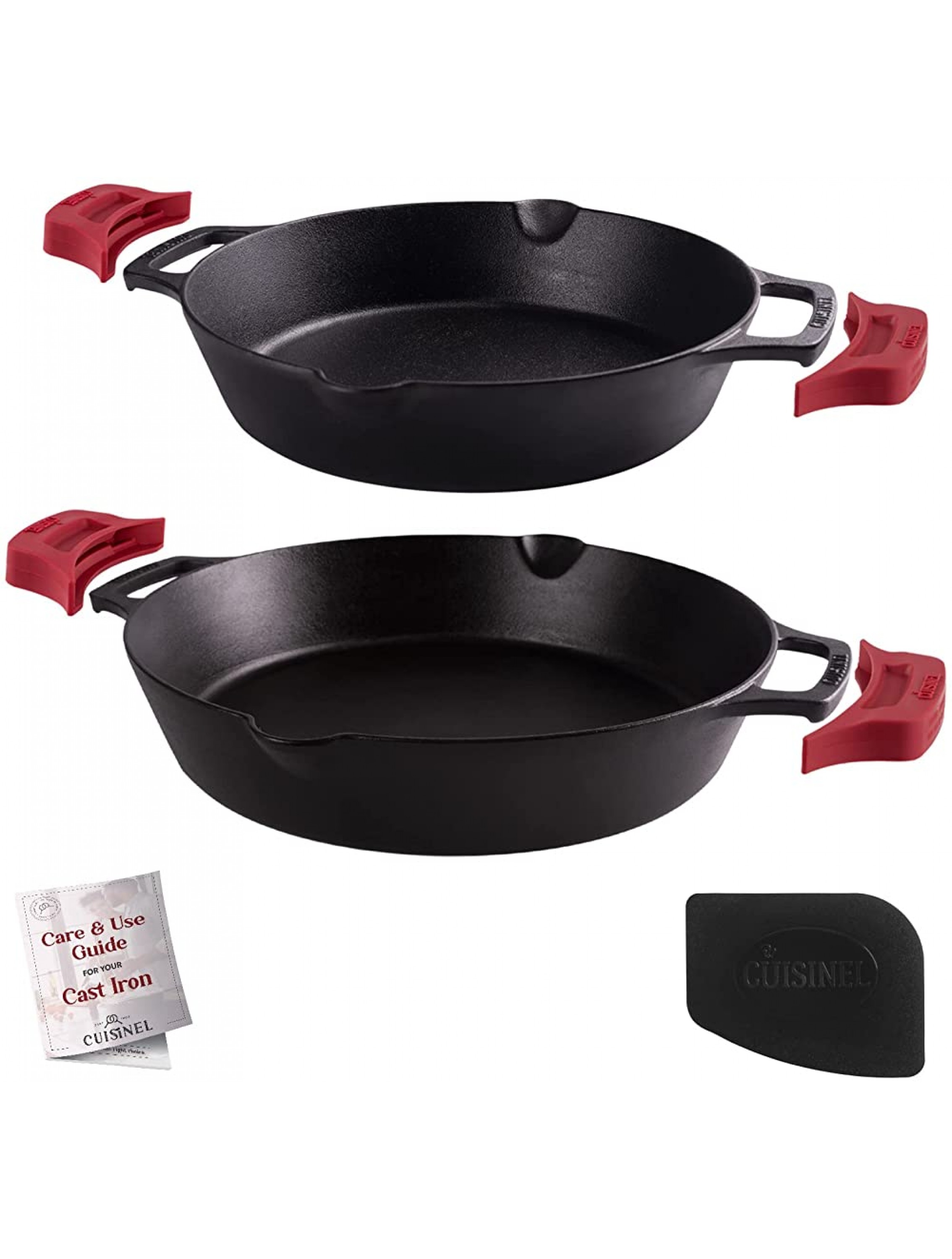 Cast Iron Skillet Set 10 + 12-Inch Dual Handle Frying Pans + Silicone Handle Holder Covers + Pan Scraper Pre-Seasoned Oven Grill Stovetop Induction Safe Kitchen Cookware Indoor Outdoor Use - B7HQKWCBC
