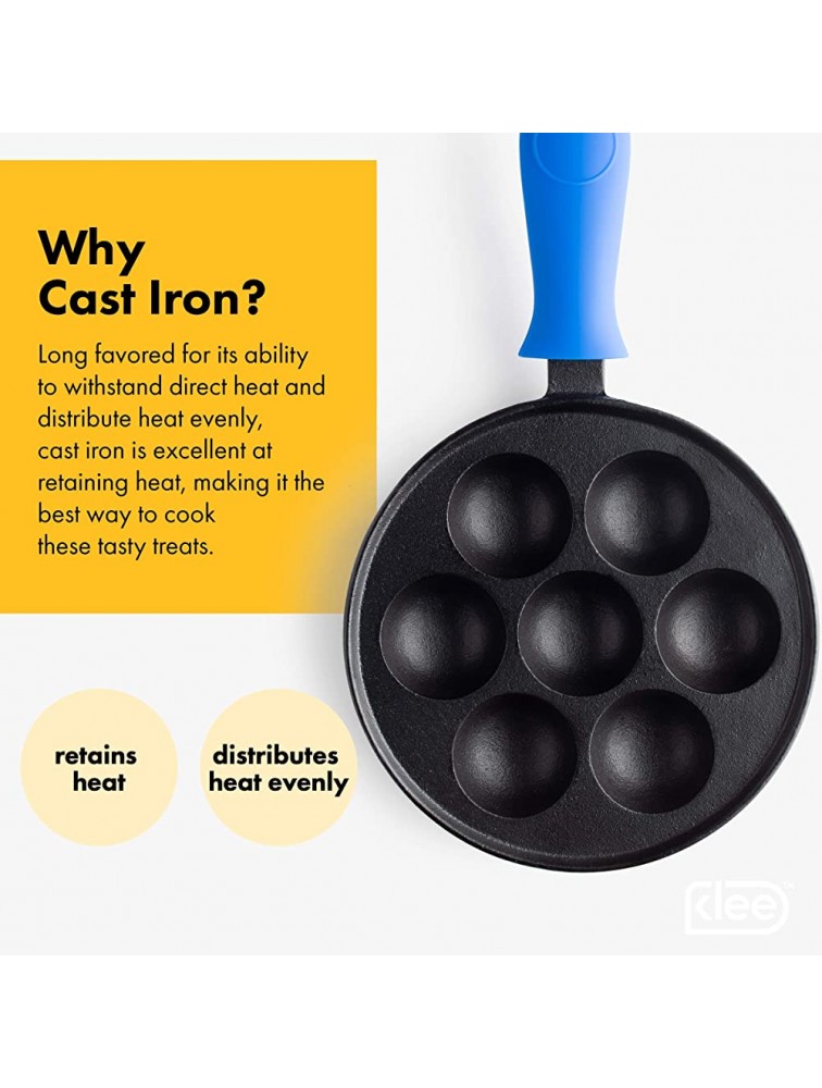 Klee Cast Iron Aebleskiver Pan with Silicone Handle Covers Pre-Seasoned Non-Stick Pancake Pan for Pan for Danish Stuffed Pancake Balls 8 Diameter 1.5 Deep - BZZCZT8F9