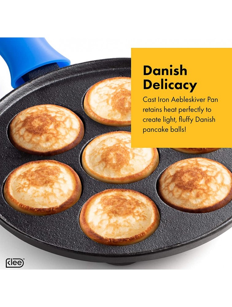 Klee Cast Iron Aebleskiver Pan with Silicone Handle Covers Pre-Seasoned Non-Stick Pancake Pan for Pan for Danish Stuffed Pancake Balls 8 Diameter 1.5 Deep - BZZCZT8F9
