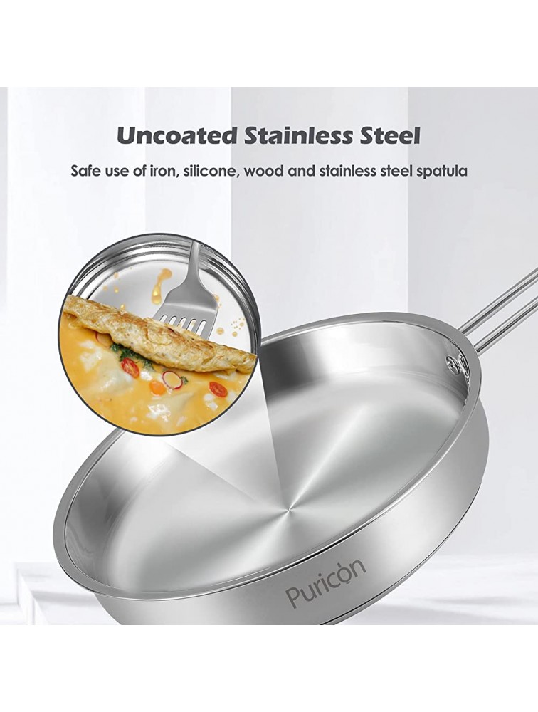 Puricon Stainless Steel Frying Pan Skillet 10 inch 3-layer Bottom PFOA Free for Frying Sauteing Baking Dishwasher and Oven Safe Works with Induction Cooktop Gas Ceramic Electric Stove -Silver - B37J1MPCZ