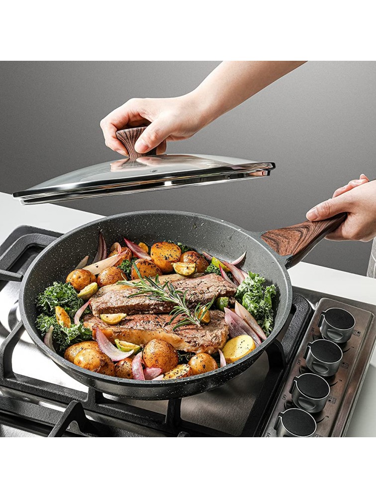 Sensarte Nonstick Frying Pan Skillet with Lid Swiss Granite Coating Omelette Pan with Cover Healthy Cookware Chef's Pan with Top PFOA Free 8 + Glass Lid - BLHSFK8TL