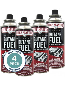 Chef Master 90340 | Pack of 4 Butane Fuel Cylinders| 8oz Butane Canisters for Portable Stove | Butane Torch Replacement Canisters - BEKX777Q5