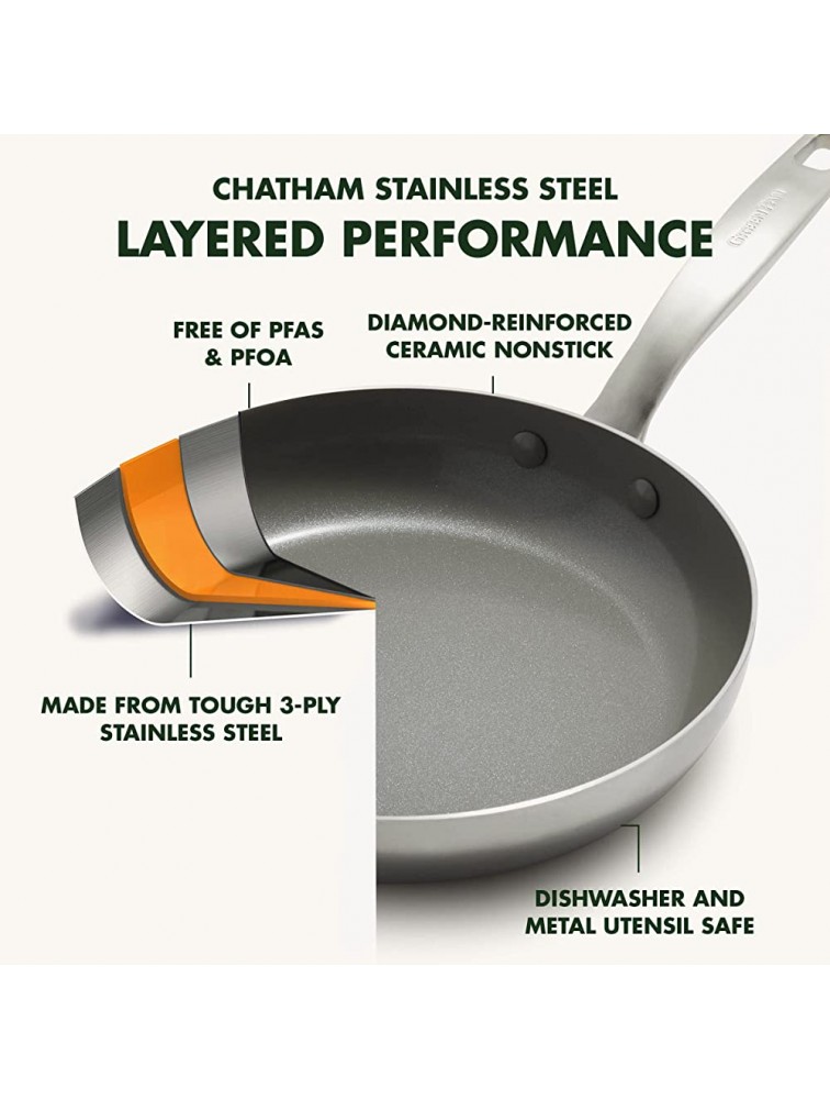 GreenPan Chatham Tri-Ply Stainless Steel Healthy Ceramic Nonstick 3.75QT Saute Pan Jumbo Cooker with Lid PFAS-Free Multi Clad Induction Dishwasher Safe Oven Safe Silver - BSP9TTX4M