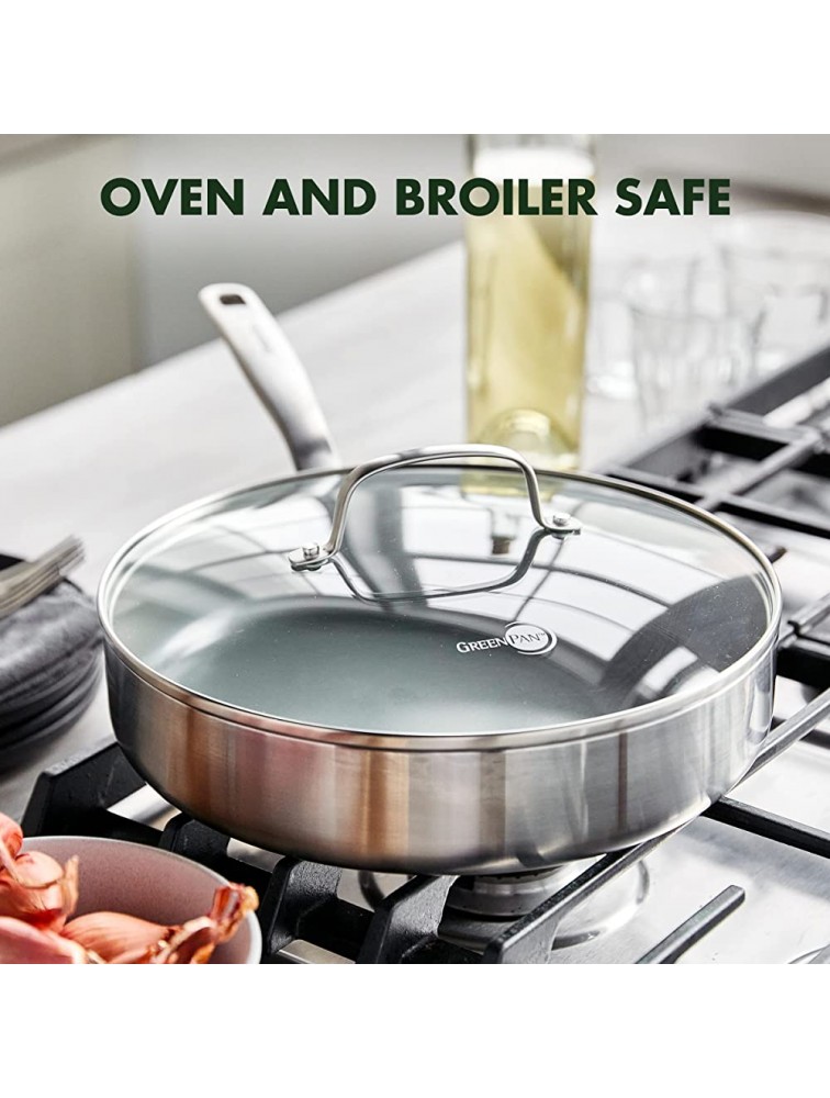 GreenPan Chatham Tri-Ply Stainless Steel Healthy Ceramic Nonstick 3.75QT Saute Pan Jumbo Cooker with Lid PFAS-Free Multi Clad Induction Dishwasher Safe Oven Safe Silver - BSP9TTX4M