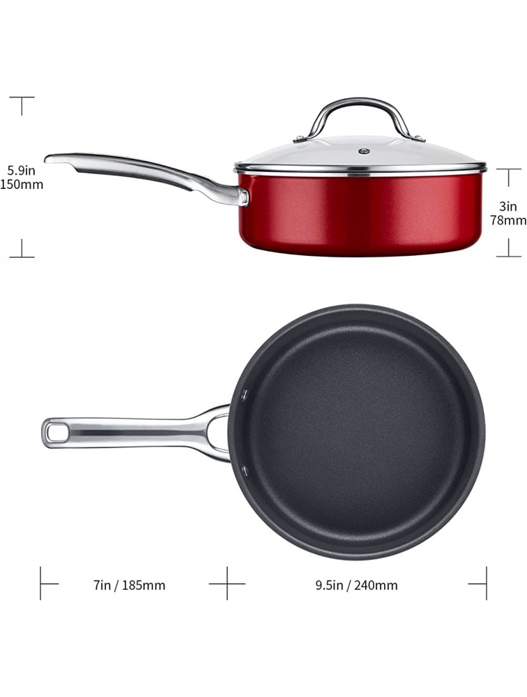 Nonstick Frying Pan with Lid 9.5 3.5qt Deep Frying Pan Dishwasher & Oven Safe Saute Pan Jumbo Cooker with Induction Base Nonstick Fry Skillet for Gas Electric Induction Cooktops Red - BZ7CPCFXU