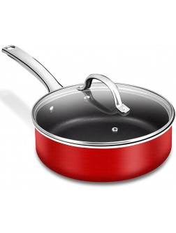 Nonstick Frying Pan with Lid 9.5" 3.5qt Deep Frying Pan Dishwasher & Oven Safe Saute Pan Jumbo Cooker with Induction Base Nonstick Fry Skillet for Gas Electric Induction Cooktops Red - BZ7CPCFXU