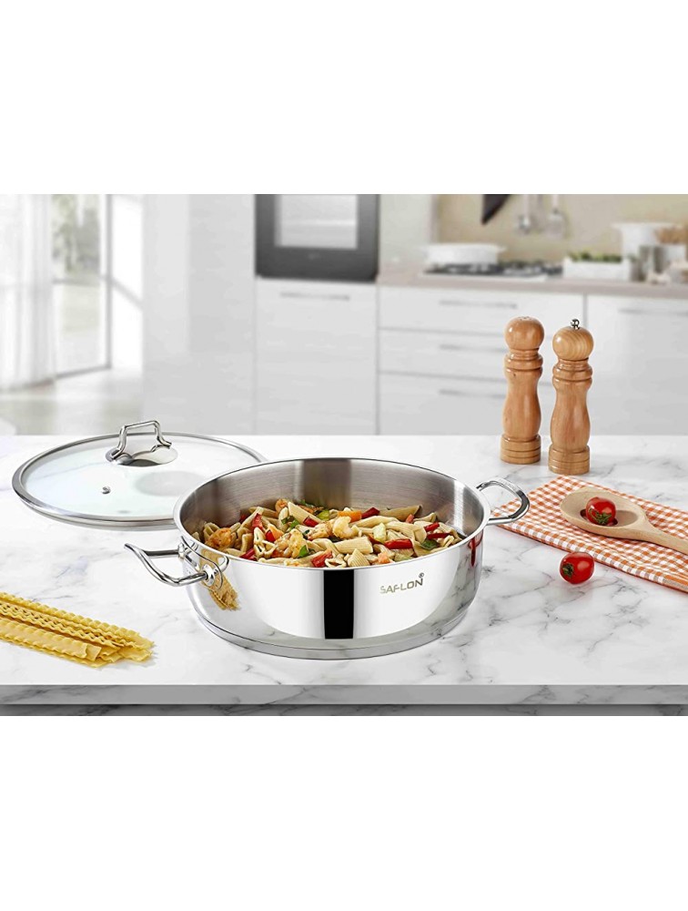 Saflon Stainless Steel Tri-Ply Capsulated Bottom 5 Quart Saute Pot with Glass Lid Induction Ready Oven and Dishwasher Safe - BZZXK84JW