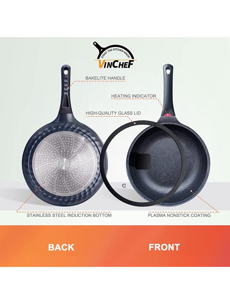 Vinchef Nonstick Skillet with Lid 9.5In 3Qt Aluminum Saute Pan with Lid and Heat Indicator German C3+ Non Sticking Coating- Induction Deep Frying Pan Black - BFIM3VMCH