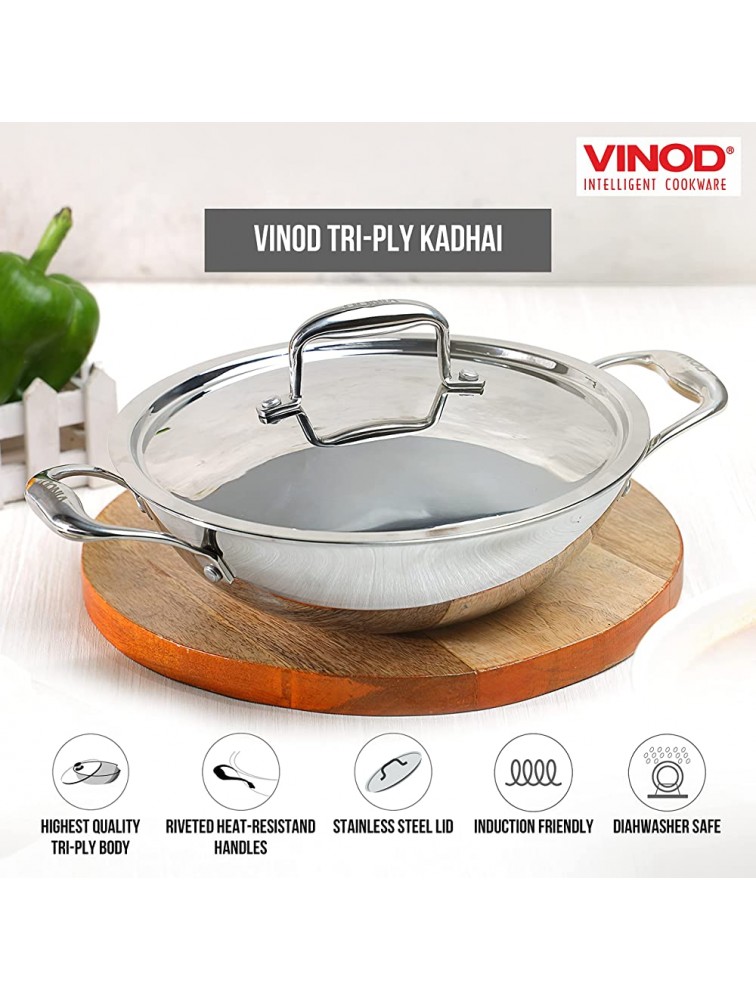 Vinod Platinum Kadai Triply Stainless Steel | Suitable For Indian Cooking Sauces Stews Soups | Deep Extra Deep Kadai With Lid | Induction Electric Friendly Deep Kadai 24cm - BBCOMT2C5