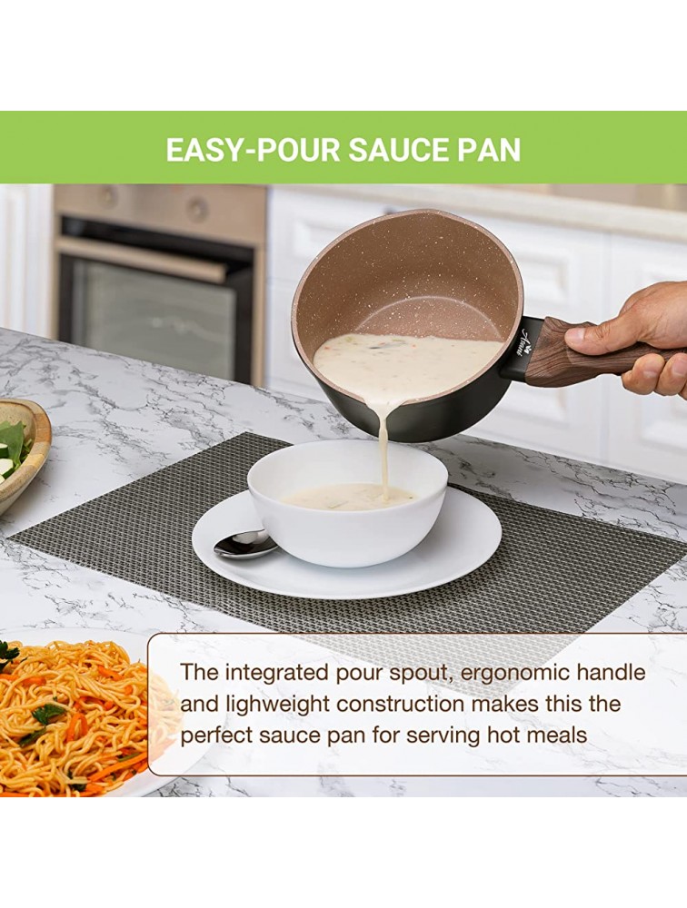 1.5 Quart Nonstick Saucepan with Glass Lid 2 Pour Spouts & Bakelite Handle PFOA PFOS Free Sauce Pan Ideal for Gas Electric and Induction CookTops Very Easy to Clean - BY2J9KQ20