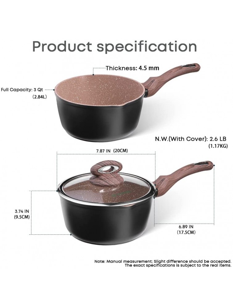 Ecowin 3 Quart Saucepan with Lid Small Sauce Pot Nonstick Granite Coating with Pour Spout Induction Cookware PFOA PTFE Free Easy to clean - BMKENQM4K