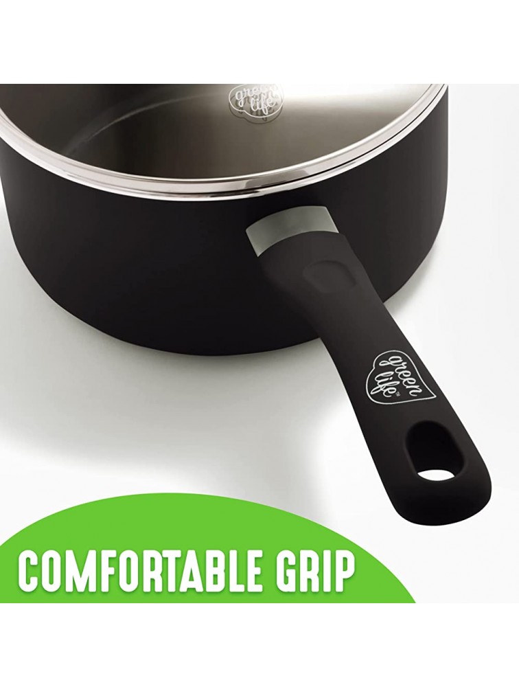 GreenLife Soft Grip Diamond Healthy Ceramic Nonstick 2QT Saucepan Pot with Lid PFAS-Free Dishwasher Safe Black - B4HUCRPEF