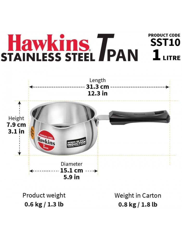 HAWKINS Stainless Steel Tpan 1 Litre Without Lid Silver SST10 - BB48RHLQF