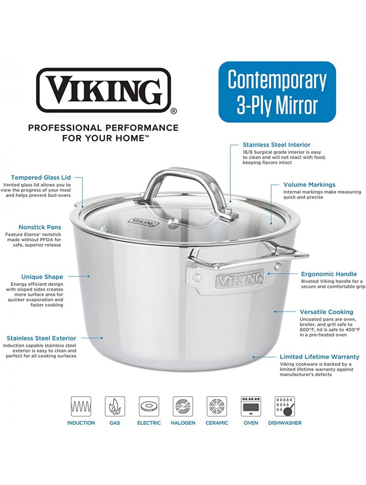 Viking Contemporary 3-Ply Stainless Steel Saucepan with Lid 3.4 Quart - B01VLDSU5