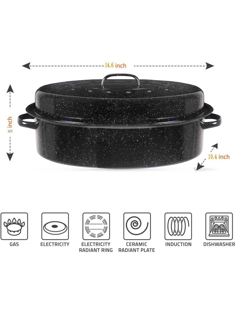 14.6 Inch Enamel Roaster Pan Professional Oval Turkey Roasting Pan with Domed Lid Covered Non-sticky Free of Chemicals Rôtissoire for Turkey cheese steak black - BXAWT996B