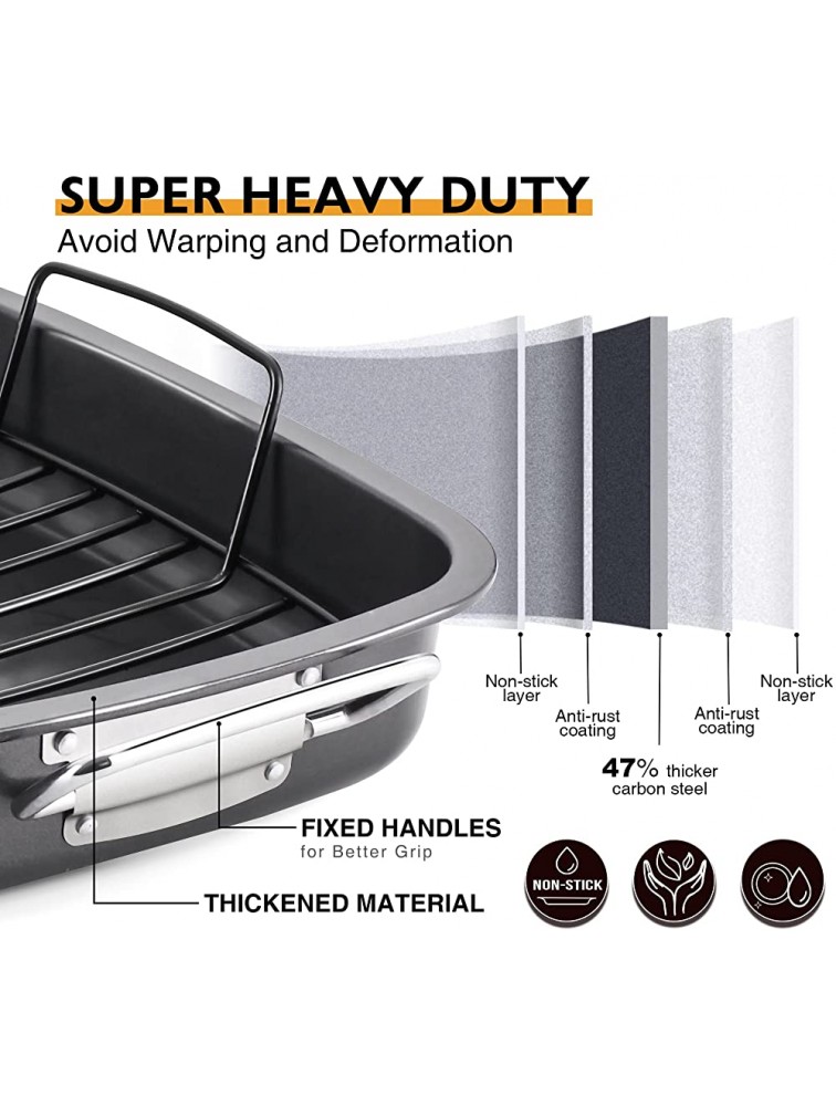 HONGBAKE Roasting Pan with Rack Heavy Duty Large Turkey Roaster Pan for Oven Non-stick and Dishwasher Safe Rectangular Roast Pan 16 x 11 Inch Dark Grey - BSK51OED3