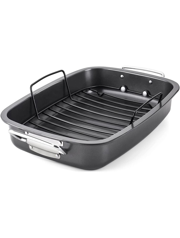 HONGBAKE Roasting Pan with Rack Heavy Duty Large Turkey Roaster Pan for Oven Non-stick and Dishwasher Safe Rectangular Roast Pan 16 x 11 Inch Dark Grey - BSK51OED3