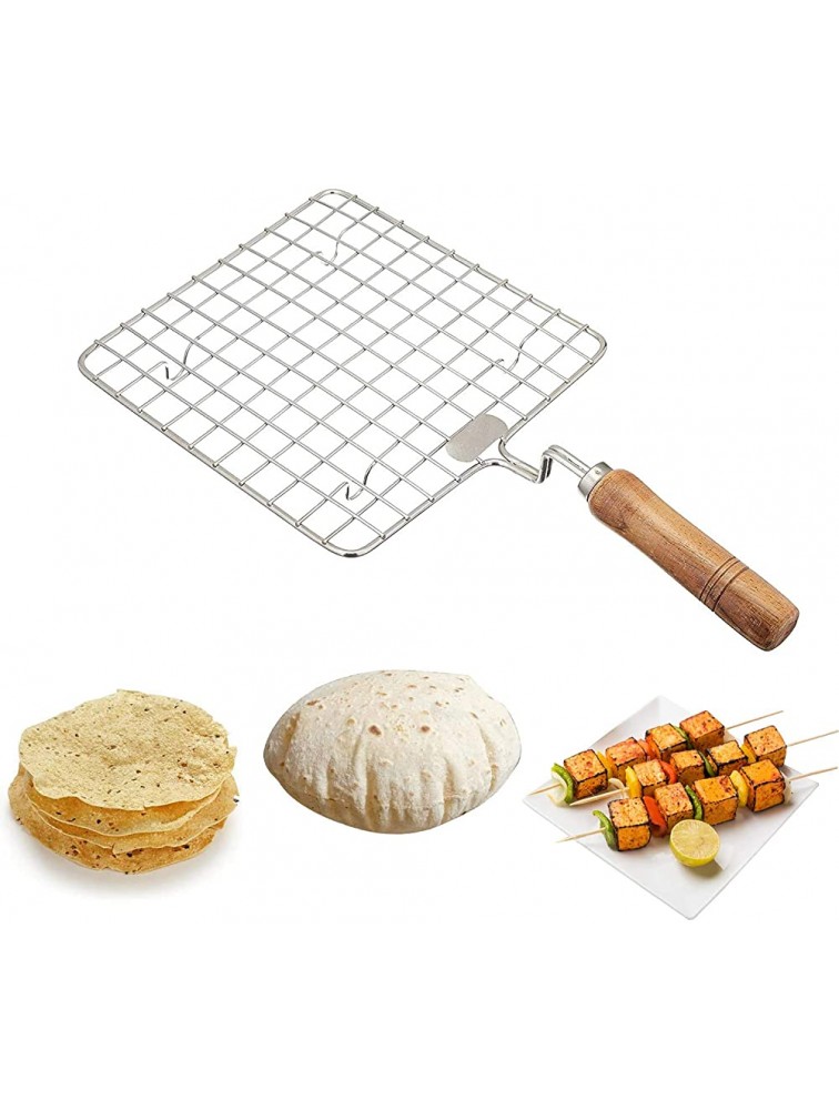 KSJONE Stainless Steel Multi-Functional Wire Steaming Cooling and Baking Barbecue Rack Square Wire Roaster Rack Papad Jali Roti Grill Round Shape with Wooden Handle - BJDTPGSL3