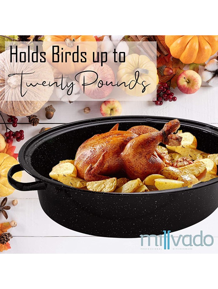 Millvado Roasting Pan Extra Large 20 lb Capacity Turkey Roasting Pan with Lid Large 19" Granite Oven Roaster Oval Shaped Speckled Enamel on Steel Cookware - BHY1HIEVL