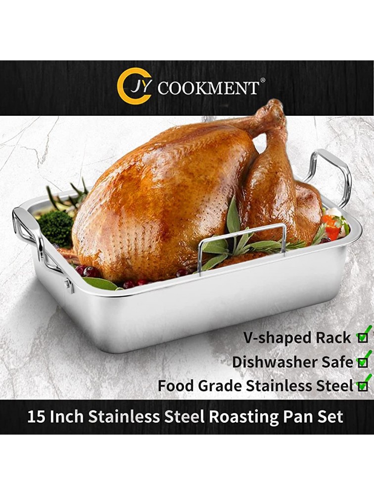 Roasting Pan with Baking Rack,15 Inch Stainless Steel Turkey Roaster Pan with V-Shaped Rack and Turkey Baster. Rectangular Roaster Pot Great for Turkey Chicken Vegetable,Fit for 20Lb Turkey - B8DXFPV52