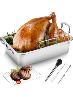 Roasting Pan with Baking Rack,15 Inch Stainless Steel Turkey Roaster Pan with V-Shaped Rack and Turkey Baster. Rectangular Roaster Pot Great for Turkey Chicken Vegetable,Fit for 20Lb Turkey - B8DXFPV52