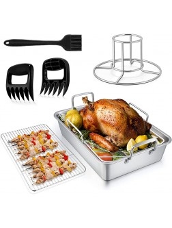 TeamFar Roasting Pan 14 In Stainless Steel Turkey Roaster Lasagna Pan with V-Shaped Rack & Cooling Rack Beer Can Chicken Holder Meat Claws Brush Healthy & Dishwasher Safe Set of 7 - B1CAQNFAY
