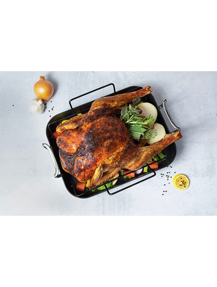 Turkey Roasting Pan By Kook Hard Anodized Roaster Non stick with Metal Rack and Stainless Steel Handles 17 Inches from Handle to Handle Grey - BX1ZEXBI2