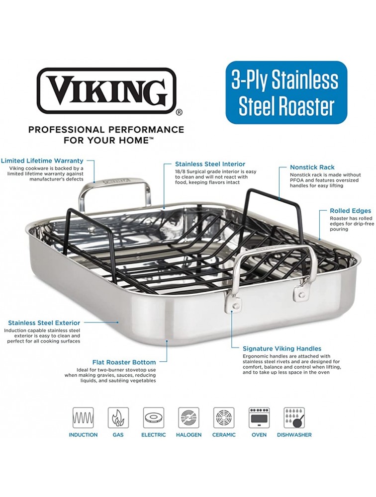 Viking Culinary 3-Ply Roasting Pan w Rack & Carving Set 16 x 13 X 3 Stainless Steel 4013-9902C - B29HUS87J