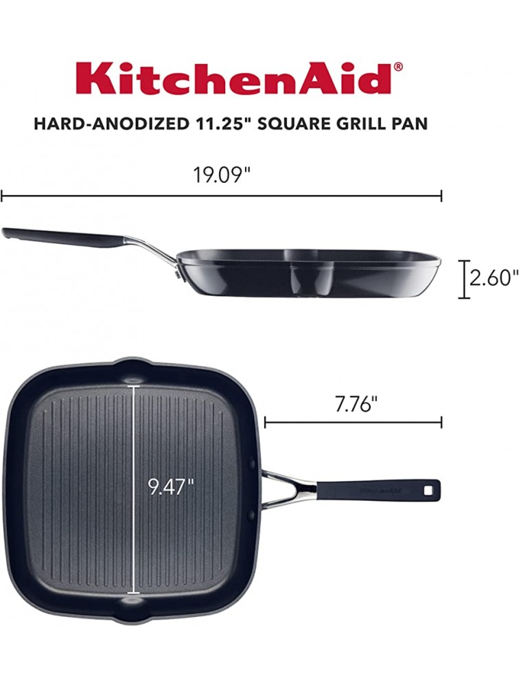 KitchenAid Hard Anodized Nonstick Square Grill Pan Griddle with Pour Spouts 11.25 Inch Onyx Black - BQ8LYP1BB