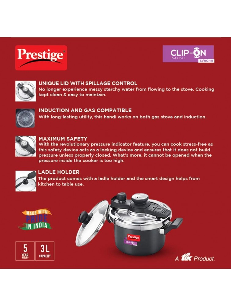 Prestige Svachh Clip-on Mini Hard Anodized 3 Litre Pressure Cooker black - BF4NB4NHL