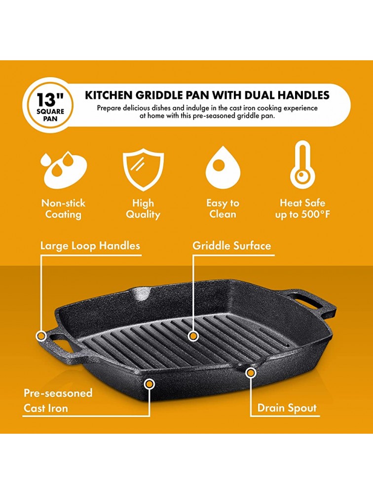 13 Inch Square Cast Iron Grill Pan Steak Pan Pre-seasoned Grill Pan with Easy Grease Drain Spout with Large Loop Handles with Easy Grease Draining for Grilling Bacon Steak and Meats. - B9GK27DZA