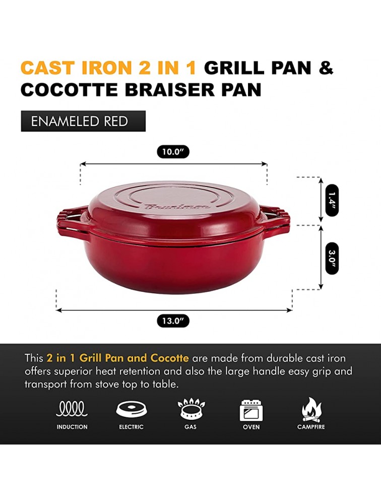 2-in-1 Enameled Cast Iron Cocotte Double Braiser Pan with Grill Lid 3.3 Quarts Barbecue Grill Non Stick Frying Pan Casserole Cookware Wide Handle Red and Bruntmor Enameled Square Cast Iron Large - BVJXPREY0