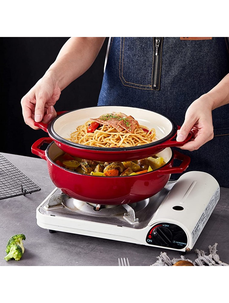2-in-1 Enameled Cast Iron Cocotte Double Braiser Pan with Grill Lid 3.3 Quarts Barbecue Grill Non Stick Frying Pan Casserole Cookware Wide Handle Red and Bruntmor Enameled Square Cast Iron Large - BVJXPREY0