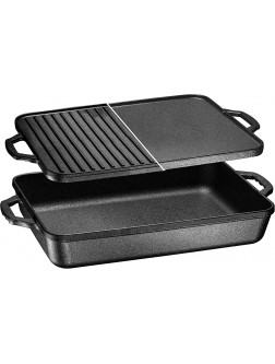 3-In-1 Pre-Seasoned Cast Iron Rectangle Pan With With Reversible Grill Griddle Lid Multi Cooker Deep Roasting Grill Pan Non-Stick Open Fire Camping Use As Dutch Oven Frying Pan or Roasting pan - BNL2PE85V
