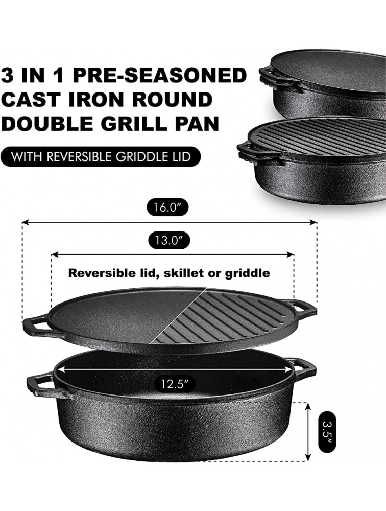 3-In-1 Pre-Seasoned Cast Iron Round Deep Roasting Pan With Reversible Grill 6.8 Quart and Pre-Seasoned 2-In-1 Cast Iron Multi-Cooker – Heavy Duty Skillet and Lid Set Versatile Non-Stick 3 Quart, - BME3RUYOG