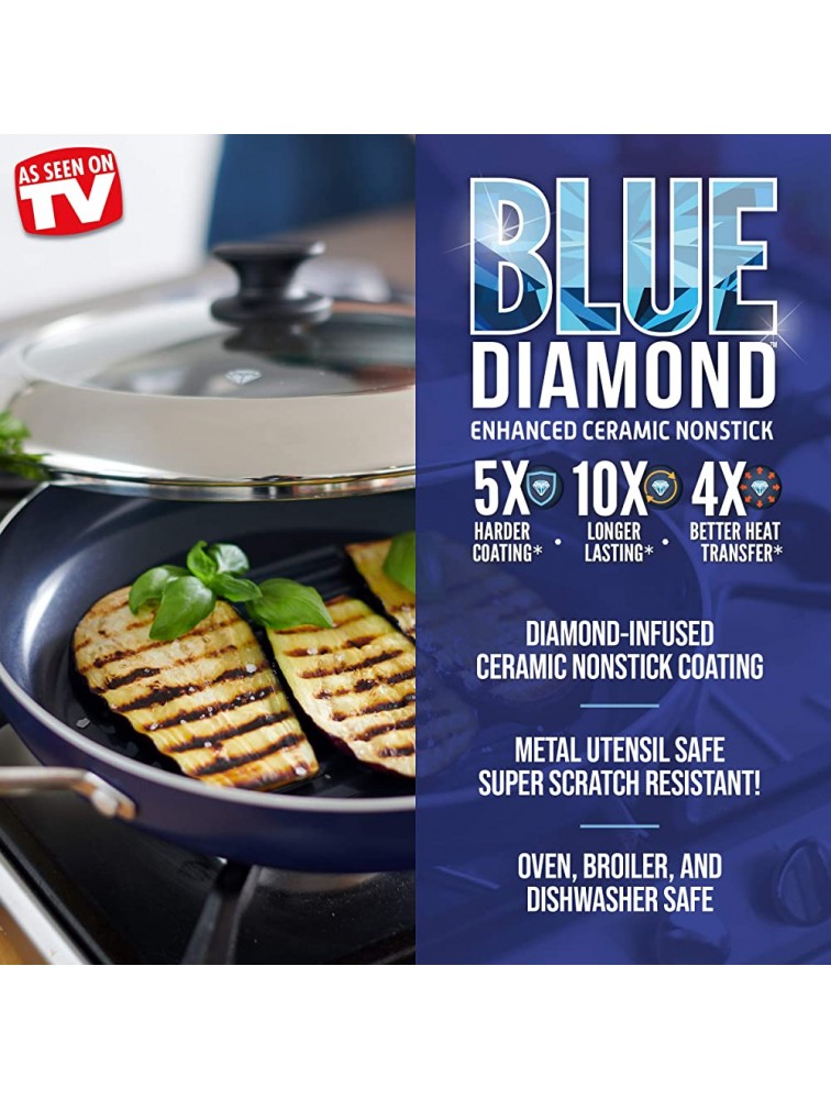Blue Diamond Cookware Diamond Infused Ceramic Nonstick 11 Grill Genie Pan with Helper Handles and Lid Including Bonus Mini Egg Pan PFAS-Free Dishwasher Safe Oven Safe Blue - BVA6GISB8