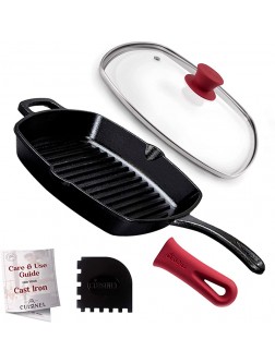 Cast Iron Grill Pan Square 10.5"-Inch Pre-Seasoned Ribbed Skillet + Handle Cover + Pan Scraper + Square Glass Lid for Grill Pans with Steam Vent Hole 10.5"-inch 26.67cm Fits Lodge Cast Iron - BBGY77CL6
