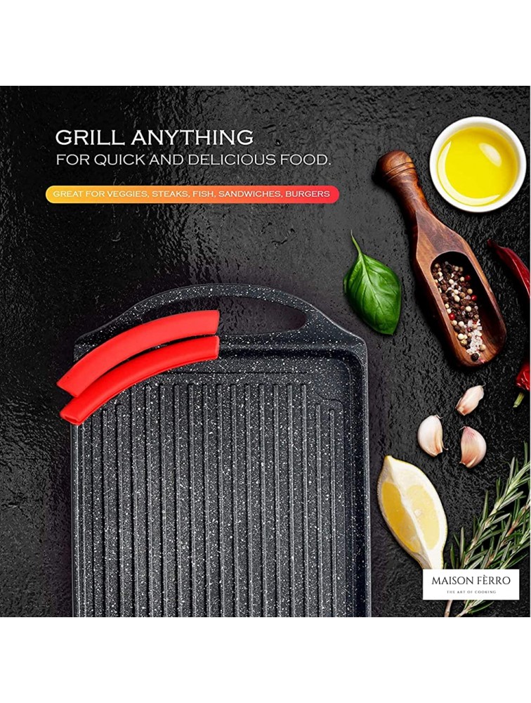 Griddle Aluminum BBQ Square Grill Pan For Stove Tops Pre-seasoned Non-cadmium Aluminum Non-stick Stove Top Grilling Grill Veggies Fish Meats Steaks + Free Silicon Handles - B20YDSZ96