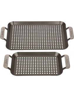 Grill Topper BBQ Grilling Pans Set of 2 Non-Stick Barbecue Trays w Stainless Steel Handles for Meat Vegetables and Seafood - B5UAOQAC3