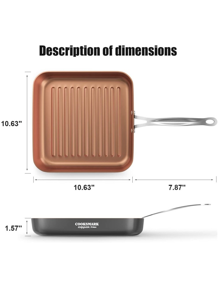 LOVE PAN 10 Inch Copper Grill Pan for Stove Tops-Non-Stick Oven Suitable Griddle Pan-Deep Square Frying Pan with Stay-Cool Stainless steel Handle - BRNGG46GE