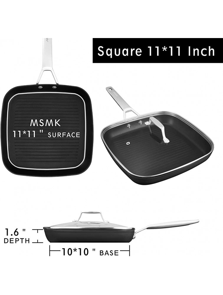 MSMK Square Grill Pan with lid Each Ridge Nonstick Oven Safe Dishwasher Safe Induction Grill pans for Stove Tops Square Frying Pan Bacon Pan Indoor Chicken Skillet 11-Inch - BPIPAWU9C