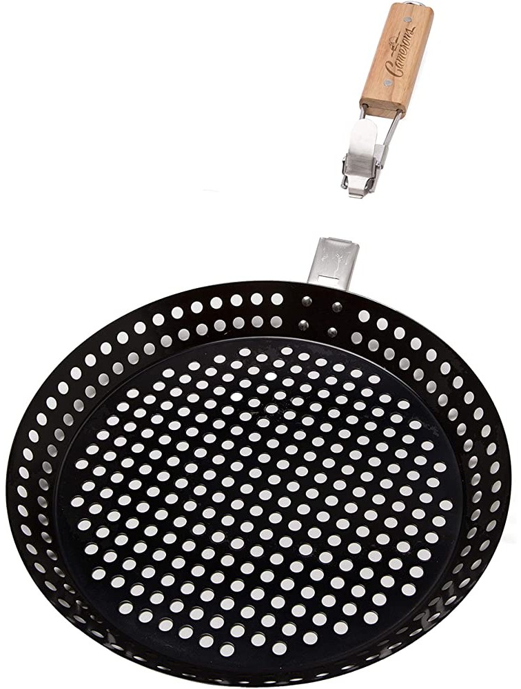 Pizza Grill Pan 12 w Removable Handle- Perforated Non-stick Grilling Dish w Air Holes for Extra Crispy Crust- Extra High Walls Keep Food Inside - BEZ0ILM2X