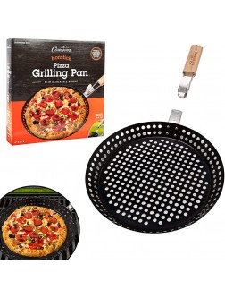 Pizza Grill Pan 12" w Removable Handle- Perforated Non-stick Grilling Dish w Air Holes for Extra Crispy Crust- Extra High Walls Keep Food Inside - BEZ0ILM2X