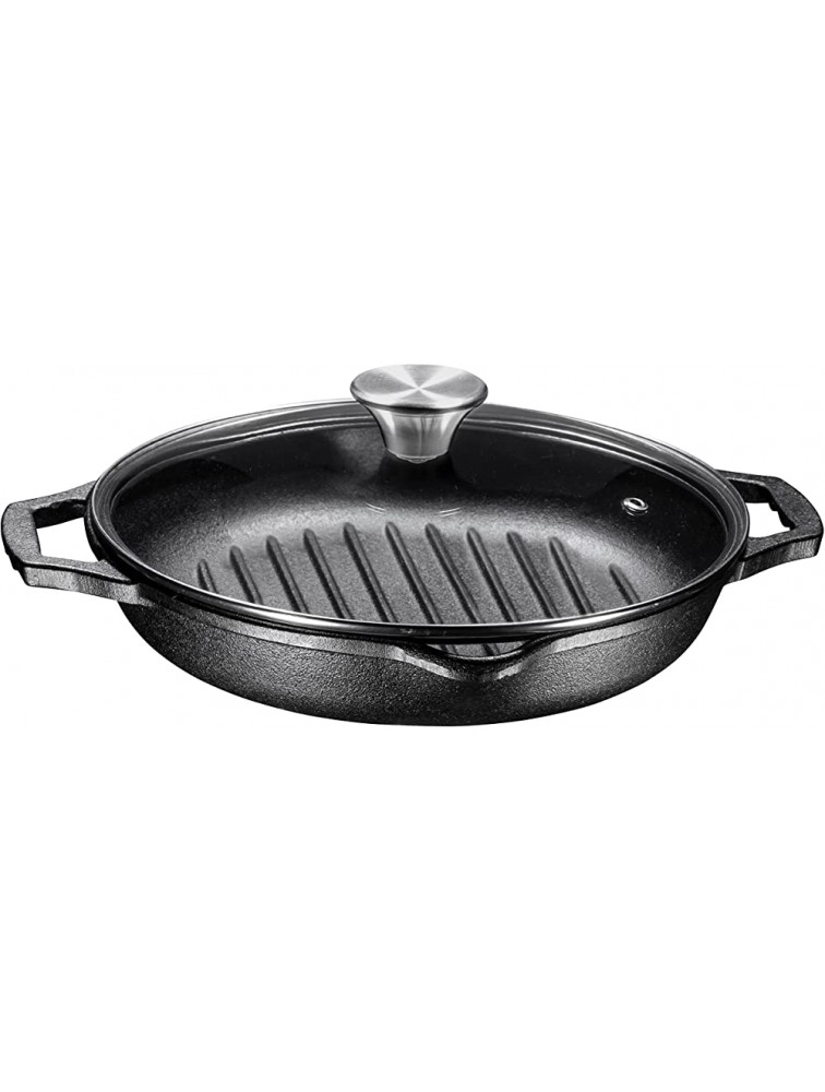 Pre-seasoned Deep Round Grill Cast Iron Griddle Pan with Glass Lid 10 Inch Non-Stick Round Frying Pan Cast Iron Skillet with Double Loop Handles + Lid Safe for Oven Induction and all Cooking tops - BVDCNFPEE