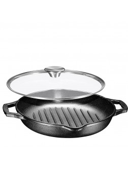 Pre-seasoned Deep Round Grill Cast Iron Griddle Pan with Glass Lid 10 Inch Non-Stick Round Frying Pan Cast Iron Skillet with Double Loop Handles + Lid Safe for Oven Induction and all Cooking tops - BVDCNFPEE