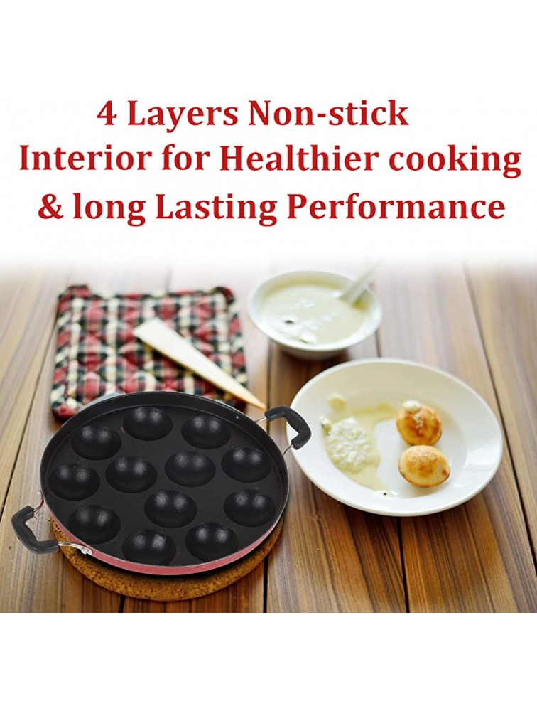 12 Cavities Non Stick Appam Patra with Lid,Red Paniyarrakal Paniyaram Appam Pan Maker Pan Cake Maker Aluminium Red |Steel Utensil Kitchen and Dinning - BGZ1NAY3A