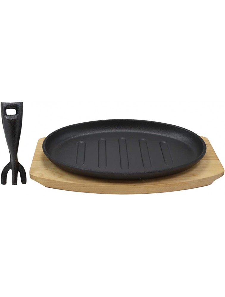 Ebros Personal Size 10.5 By 7 Enamel Coated Cast Iron Sizzling Fajita Skillet Ridged Japanese Steak Plate With Handle and Wood Base For Restaurant Home Kitchen Cooking Pan Grilling Meats Seafood - BBZHCFV34