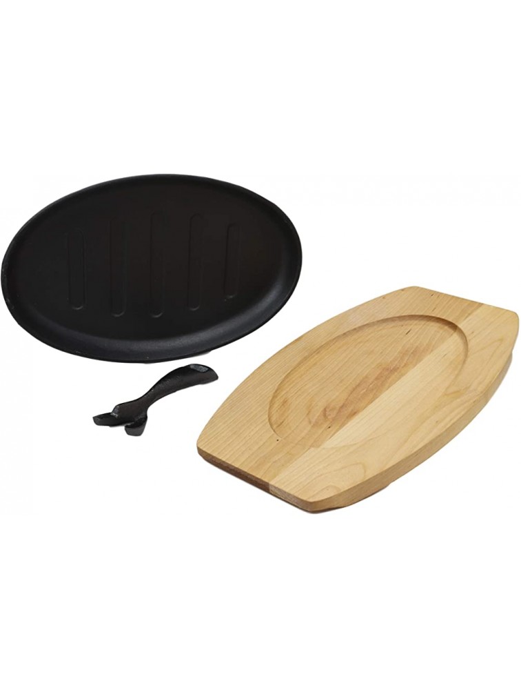 Ebros Personal Size 10.5 By 7 Enamel Coated Cast Iron Sizzling Fajita Skillet Ridged Japanese Steak Plate With Handle and Wood Base For Restaurant Home Kitchen Cooking Pan Grilling Meats Seafood - BBZHCFV34